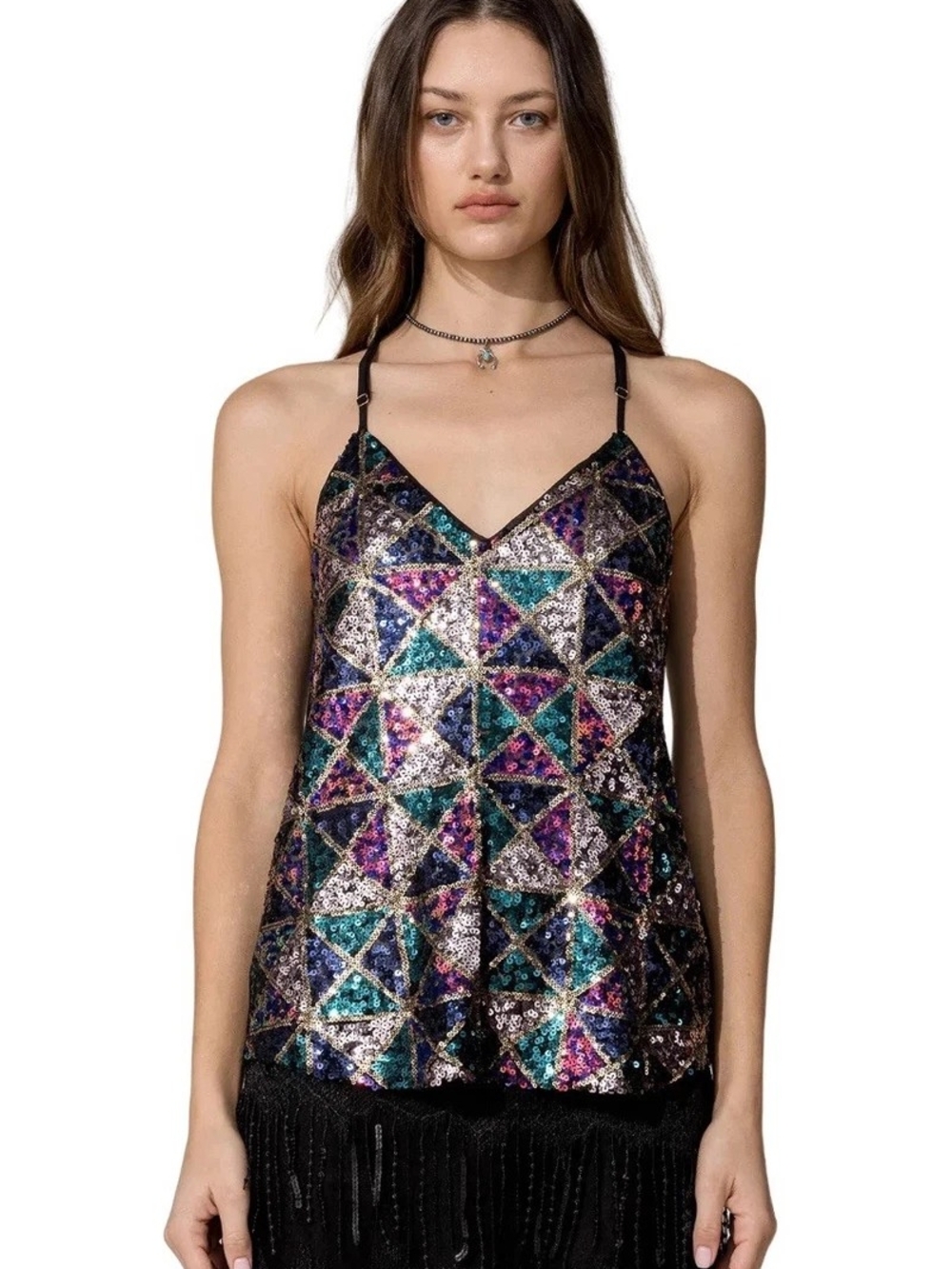 Miss Me Multicolor Geometric Sequin Tank-Sz S